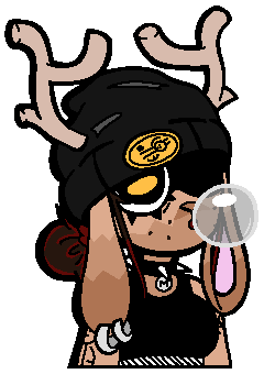 a jackalope fursona wearing a beanie, crop top, and collar blowing a bubble with one eye concealed by a shadow